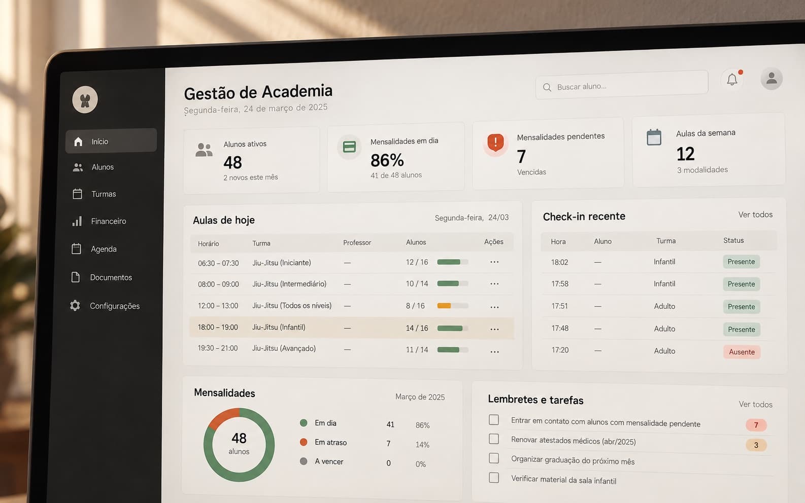 Interface conceitual de gestão de academia — rotina e controle